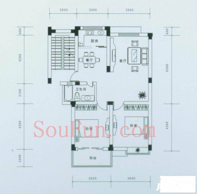 兴和苑2室2厅1卫88.9㎡户型图