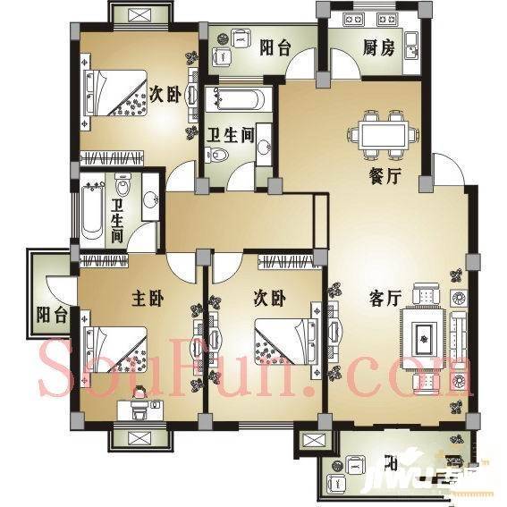 小城之春3室2厅2卫134.9㎡户型图