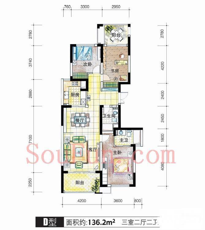 中央花城3室2厅2卫136.2㎡户型图