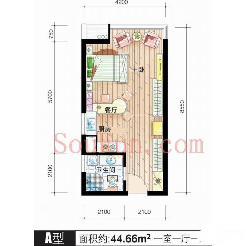 中央花城1室0厅1卫44.7㎡户型图