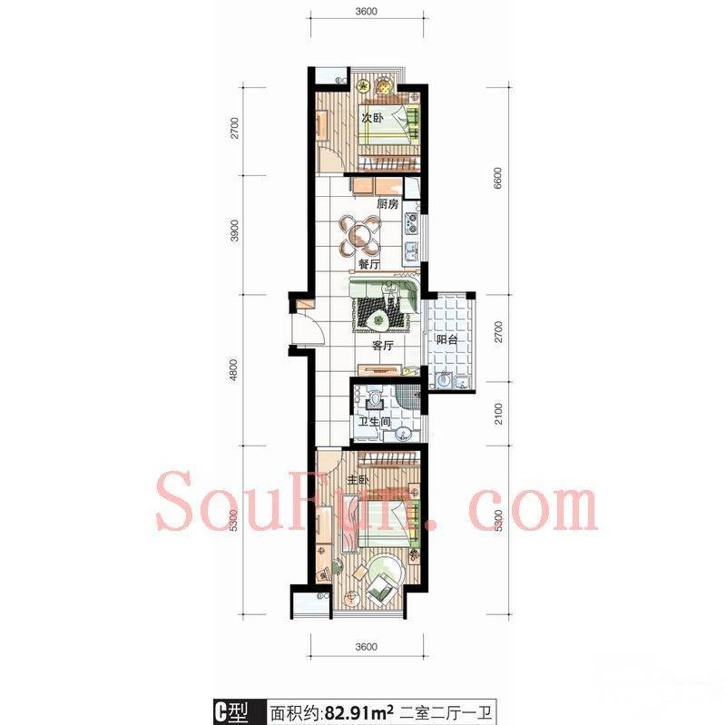 中央花城2室2厅1卫82.9㎡户型图