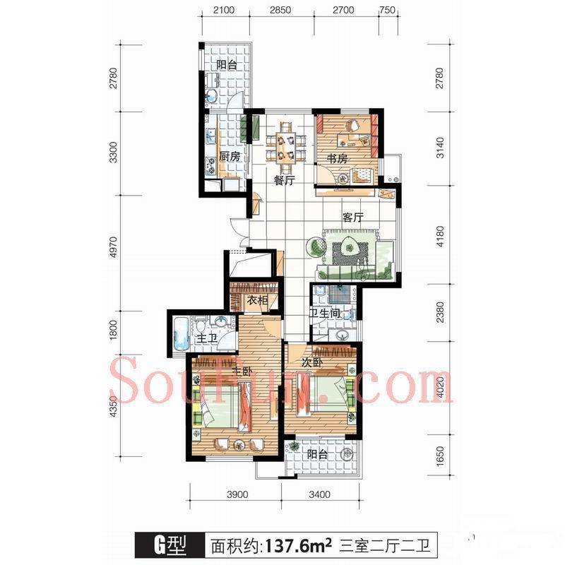 中央花城3室2厅2卫136.2㎡户型图