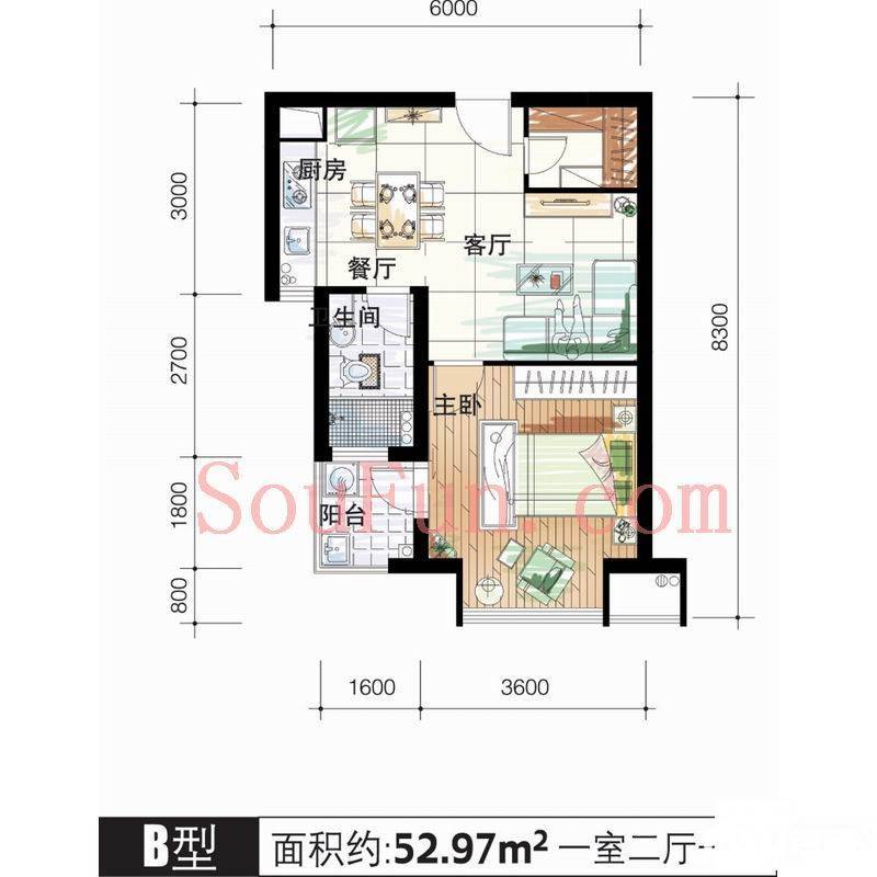 中央花城1室2厅1卫53㎡户型图