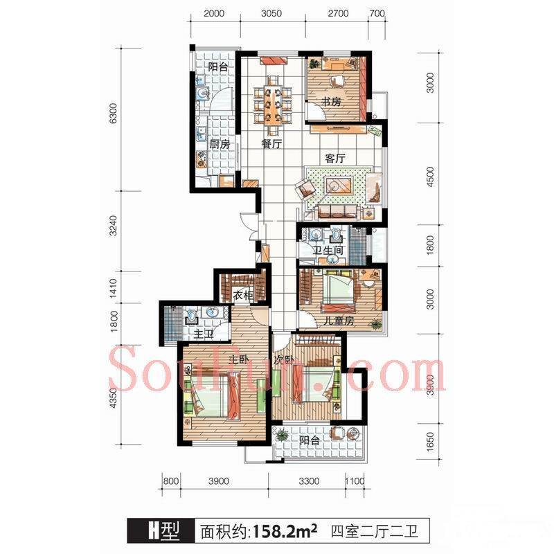 中央花城4室2厅2卫158.2㎡户型图