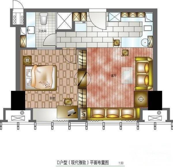 风尚蓝湾1室1厅1卫44㎡户型图