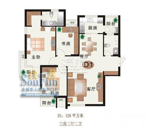 西城年华3室2厅2卫126㎡户型图