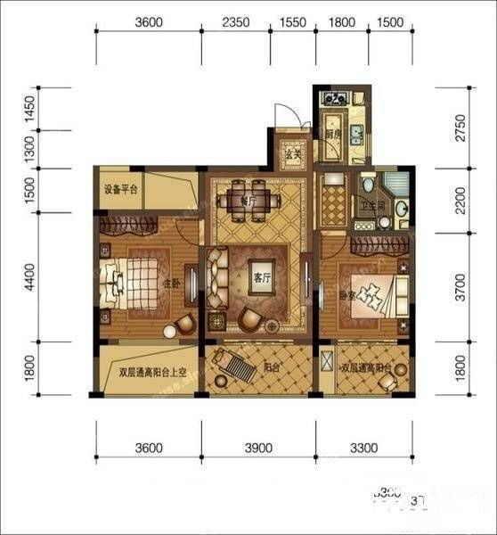 香槟国际2室2厅1卫88㎡户型图