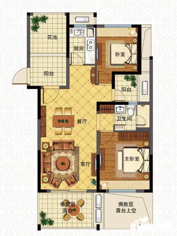 江语海2室2厅1卫89㎡户型图