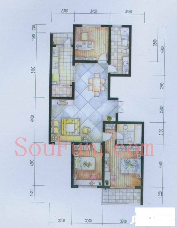 风林公寓3室2厅2卫137㎡户型图