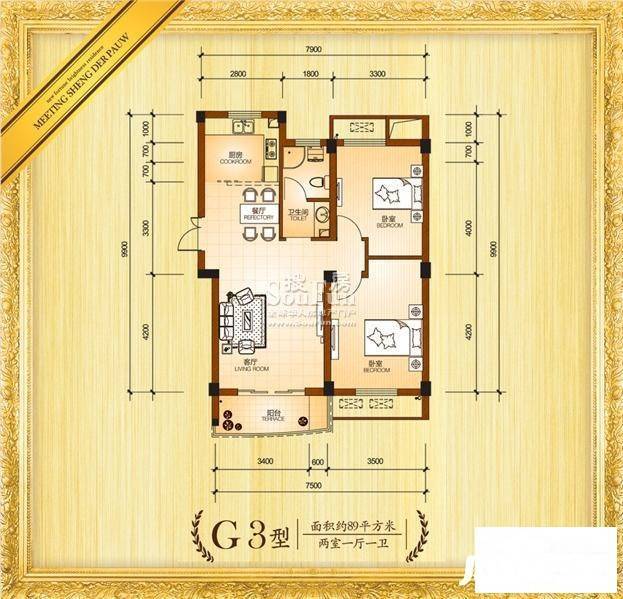 汇盛德堡2室1厅1卫89㎡户型图