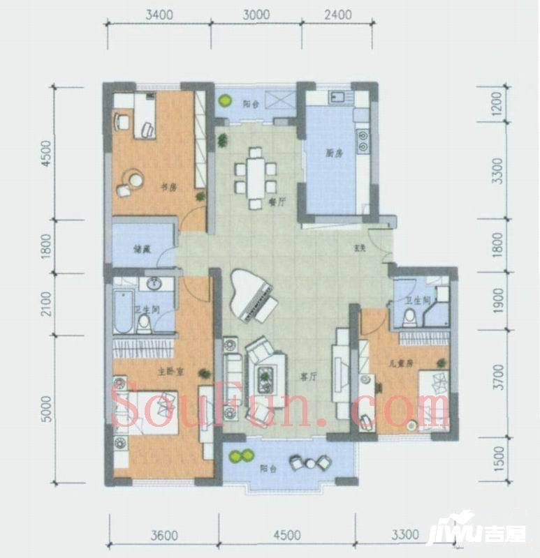 彩虹城3室2厅2卫126.8㎡户型图