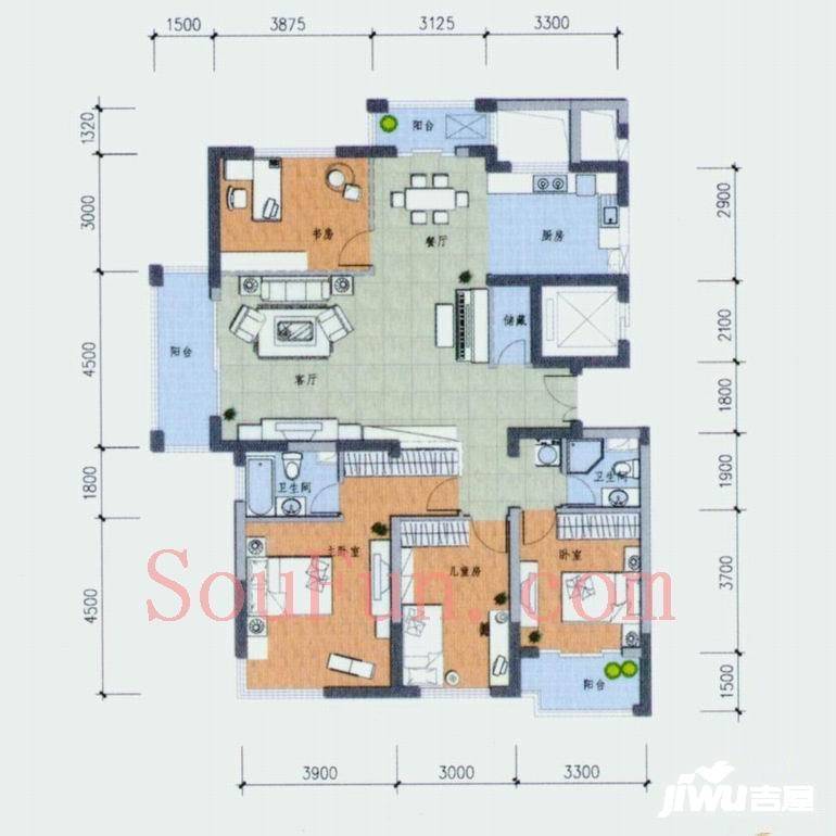 彩虹城4室2厅2卫176.9㎡户型图