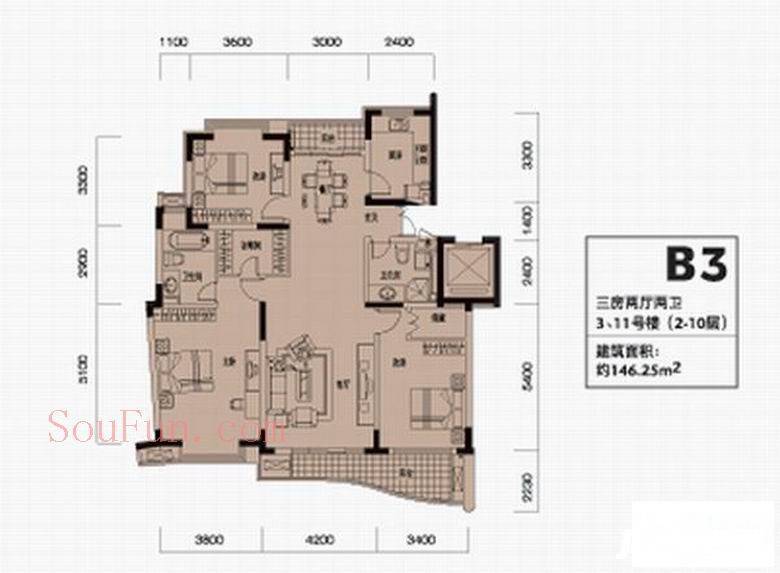 春江时代3室2厅2卫146.3㎡户型图