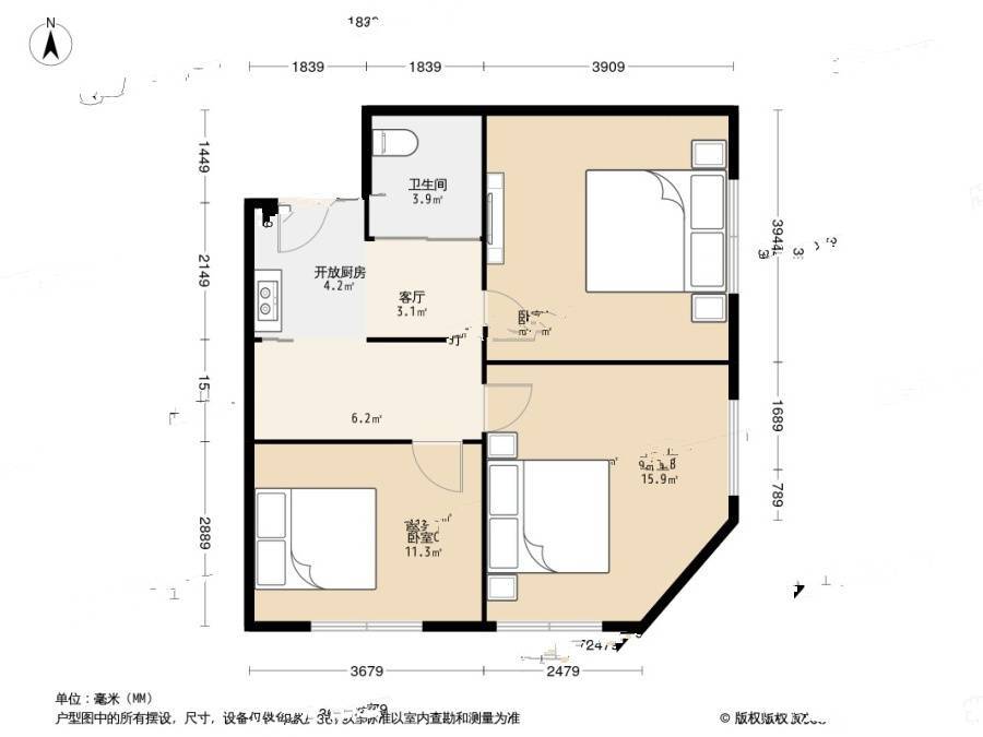 仙林福座3室1厅1卫87.4㎡户型图