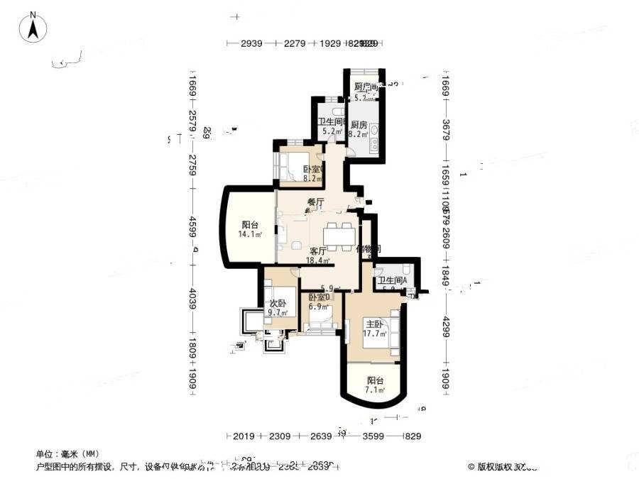 赞成林风映水苑3室2厅2卫149.9㎡户型图