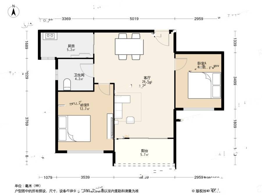 赞成林风和风苑2室2厅1卫89㎡户型图