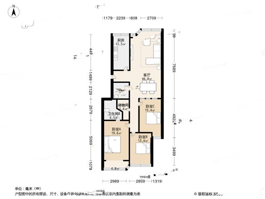 元华公寓3室2厅2卫154㎡户型图