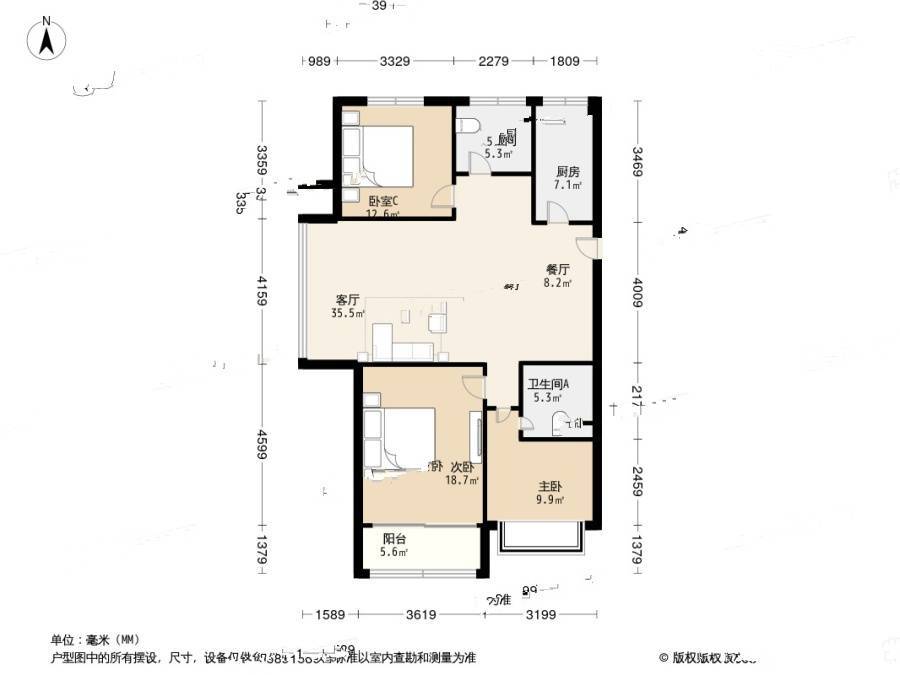 大浒东苑3室2厅2卫115.8㎡户型图