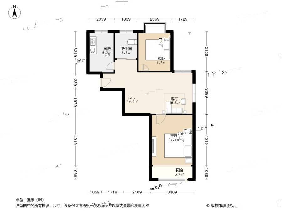 大浒东苑2室1厅1卫74.2㎡户型图