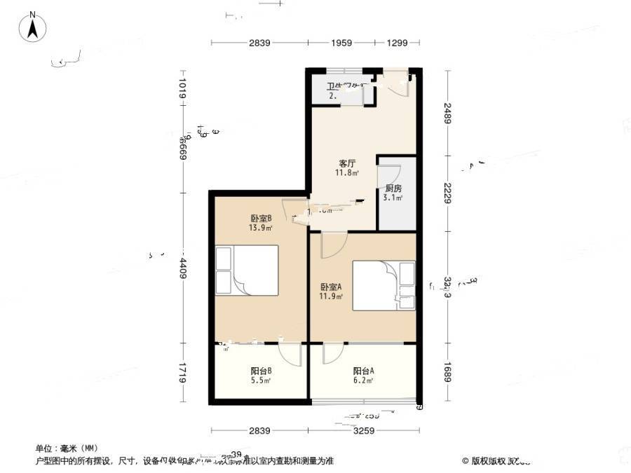 杭钢北苑2室1厅1卫73.7㎡户型图