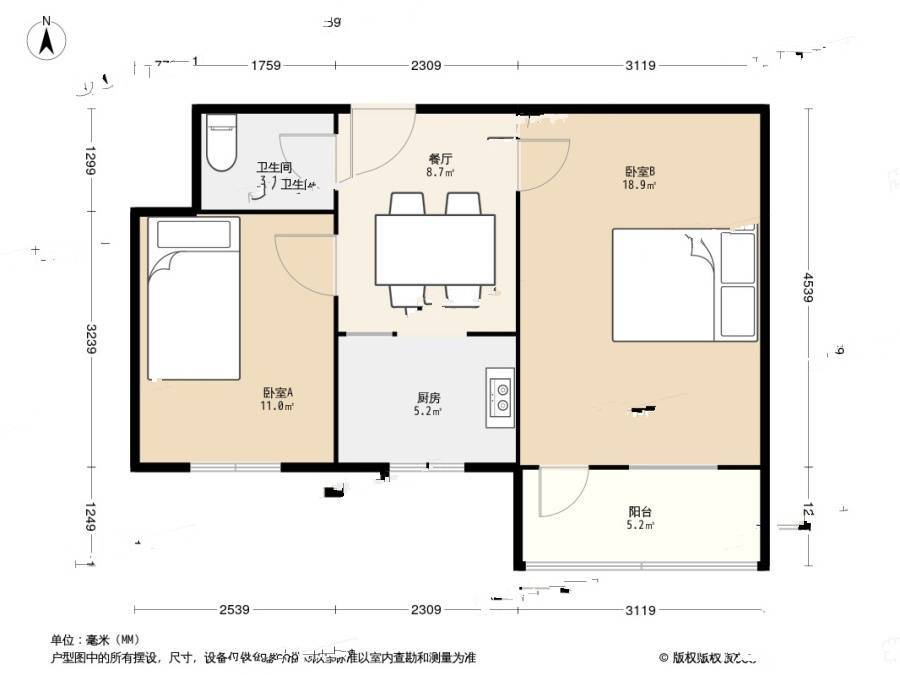 吉庆院2室1厅1卫47.8㎡户型图