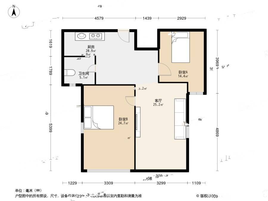 湘湖人家2室2厅1卫85.2㎡户型图