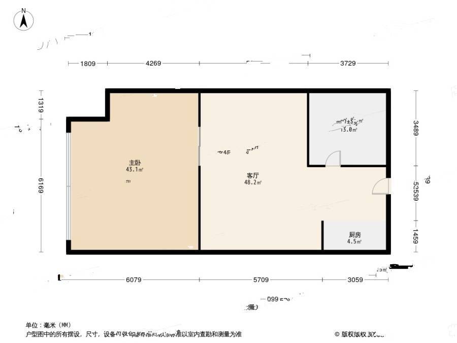 金色蓝庭1室1厅1卫58.2㎡户型图