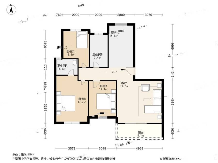 枫华府第3室1厅2卫125.8㎡户型图