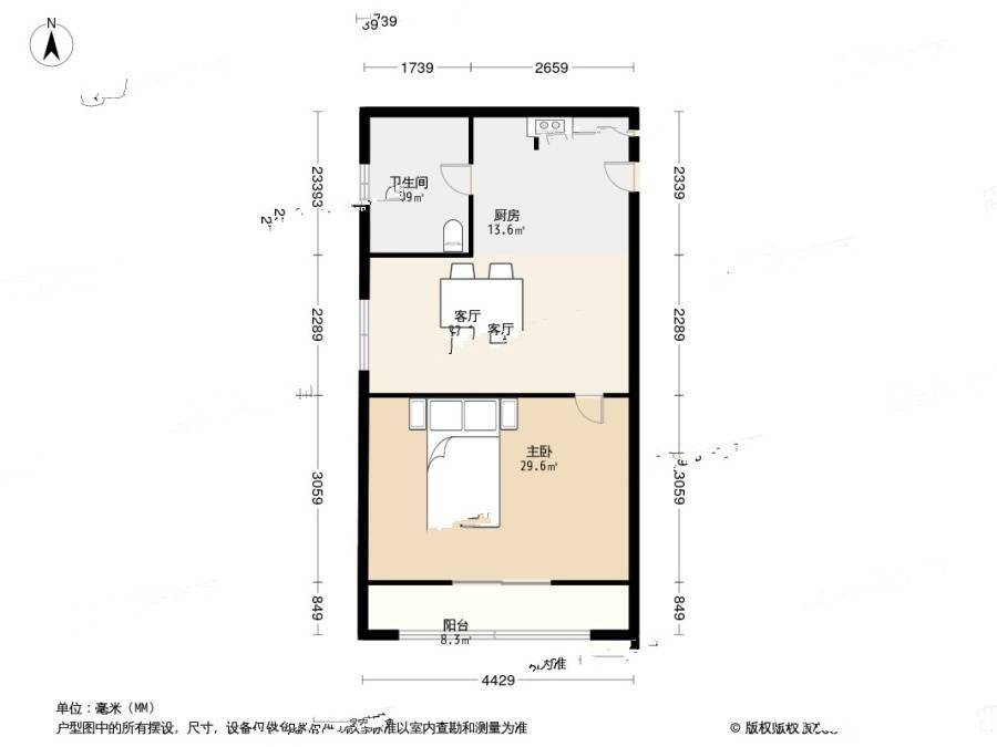 枫华府第1室1厅1卫58.3㎡户型图