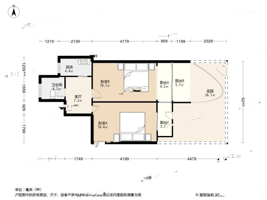 栖霞岭2室1厅1卫57.1㎡户型图