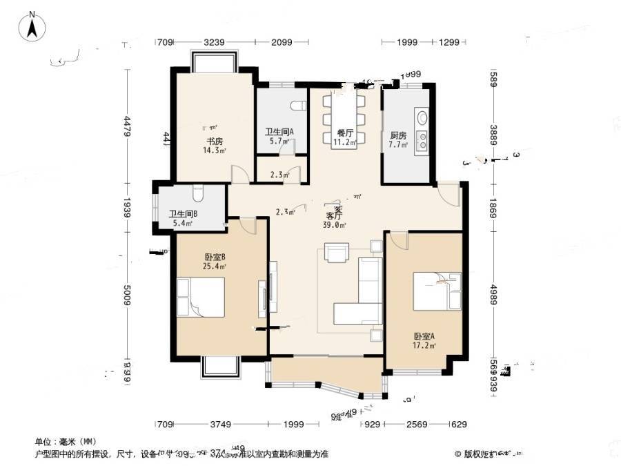 临浦景泰公寓3室2厅2卫141㎡户型图