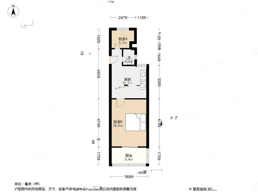 狮子桥弄2室1厅1卫43.8㎡户型图