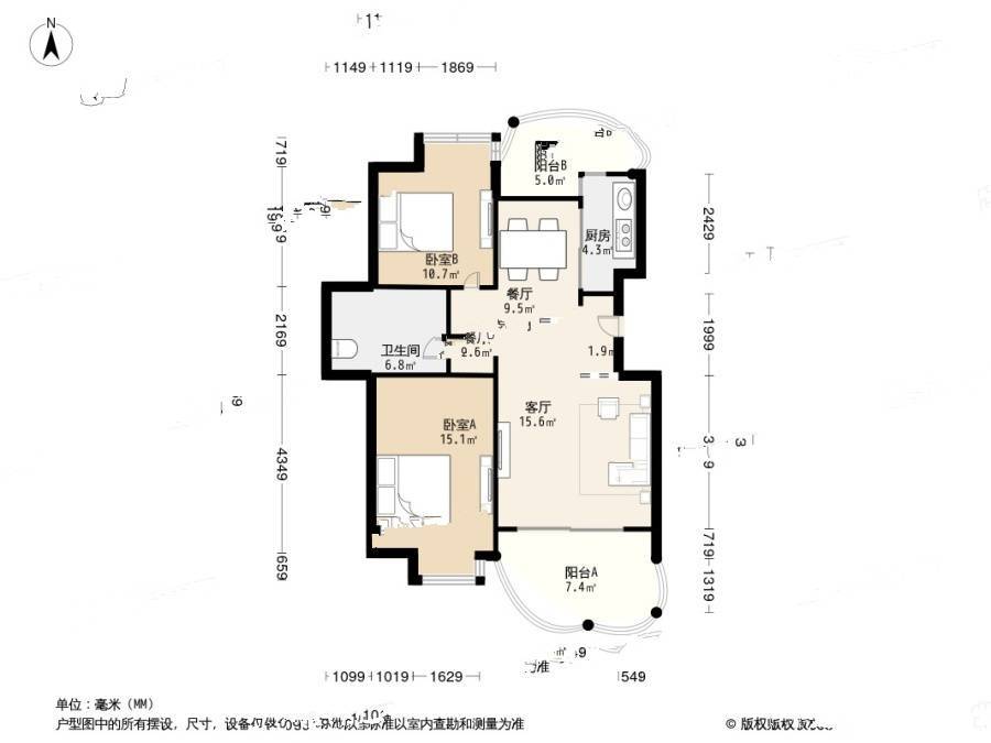 天阳棕榈湾二期2室1厅1卫94.9㎡户型图