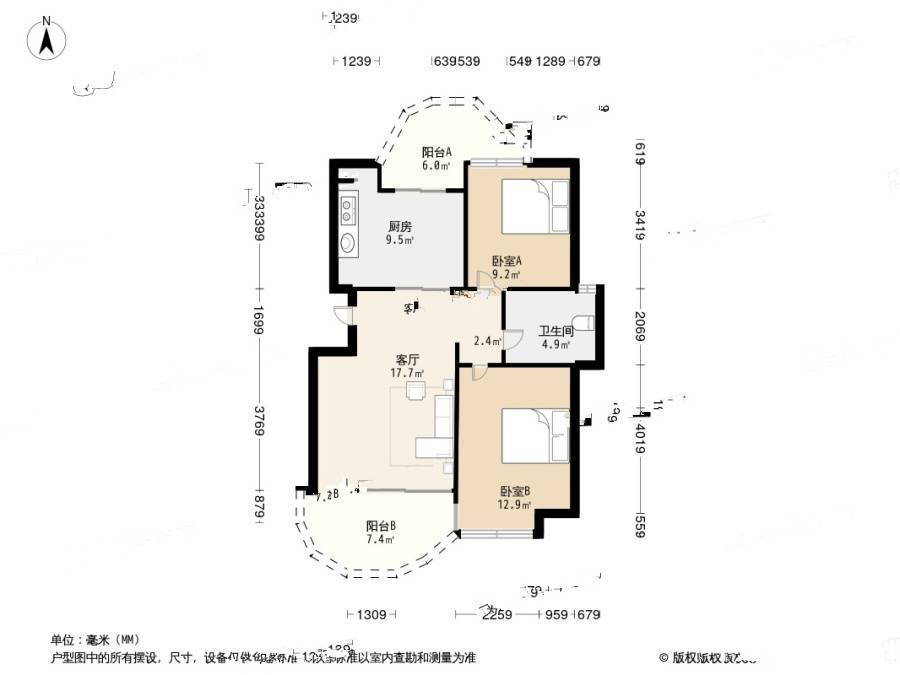 天阳棕榈湾二期2室2厅1卫95.7㎡户型图