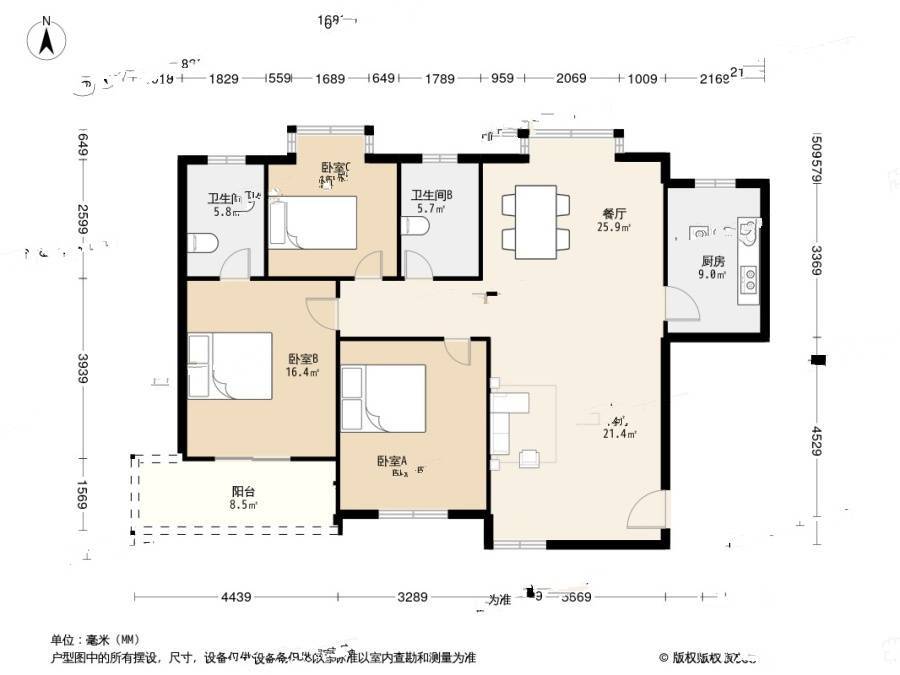 兰惠家园3室2厅2卫119.5㎡户型图