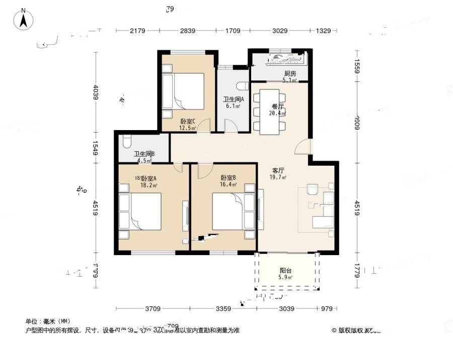 良渚文化村白鹭郡北3室2厅2卫116.5㎡户型图