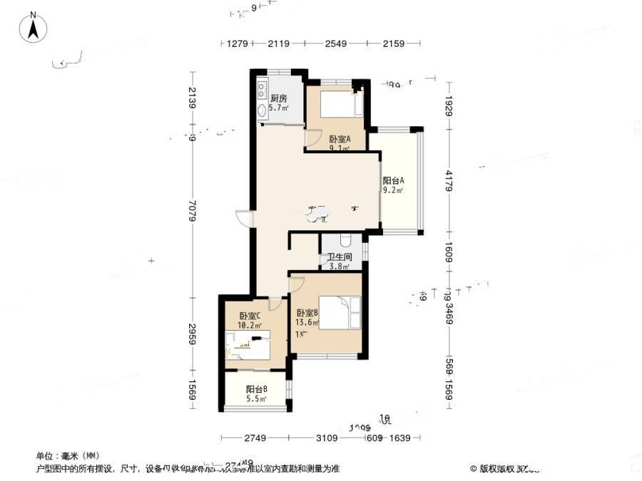 玉都枫景3室2厅1卫87.8㎡户型图