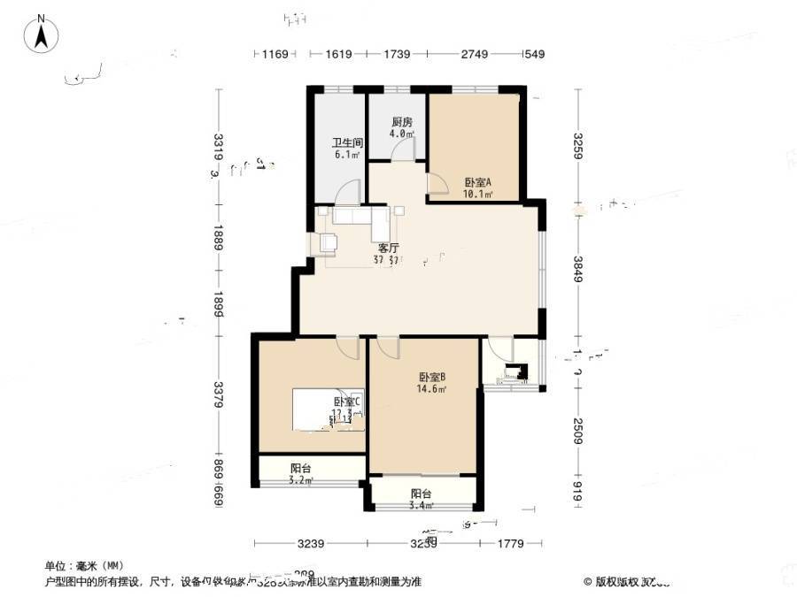 玉都枫景3室1厅1卫88㎡户型图