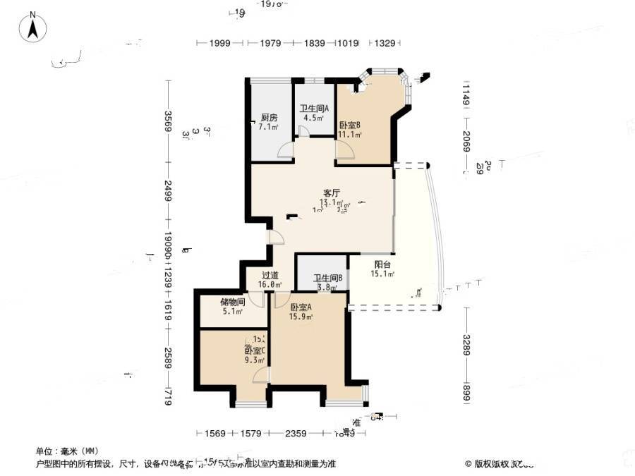 天阳棕榈湾一期3室2厅2卫138.1㎡户型图