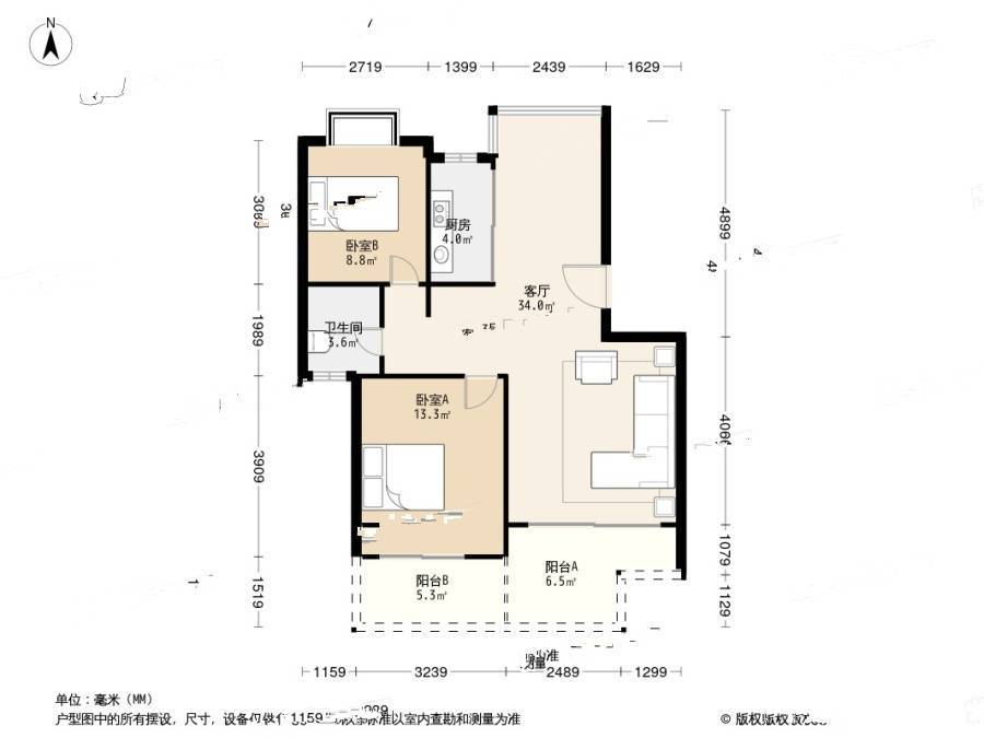 天阳棕榈湾一期2室2厅1卫86.1㎡户型图