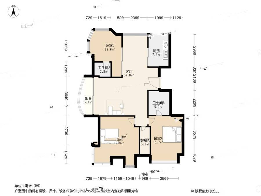 天阳棕榈湾一期3室2厅2卫138㎡户型图