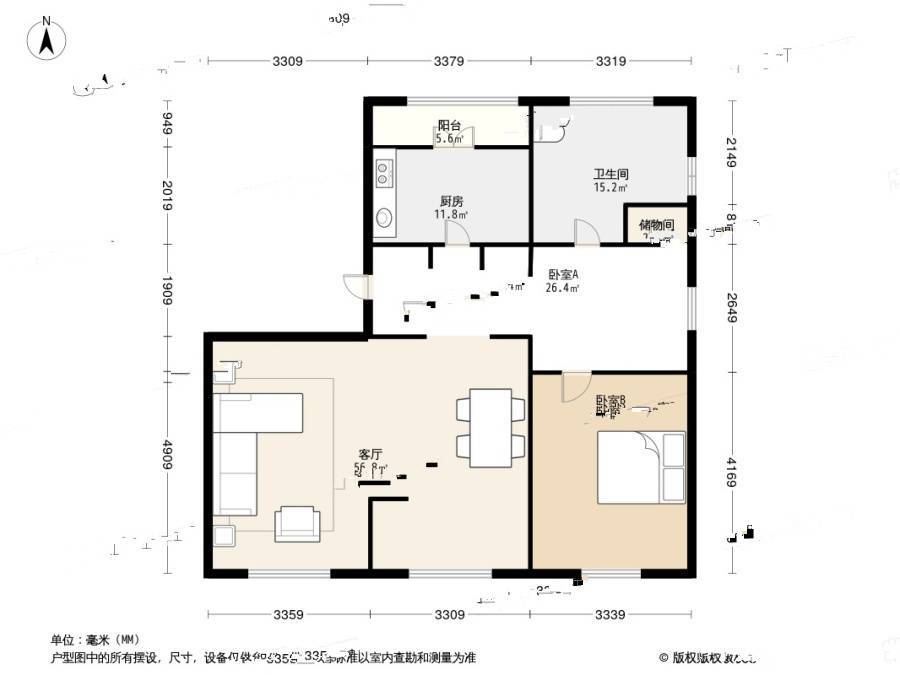 良渚文化村白鹭郡东2室2厅1卫100.1㎡户型图