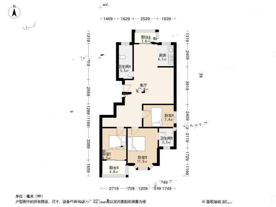 荆山翠谷3室2厅2卫124㎡户型图