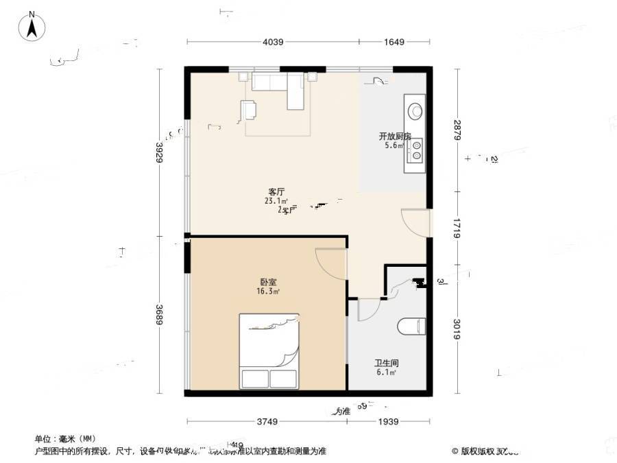 风尚蓝湾1室1厅1卫59.8㎡户型图