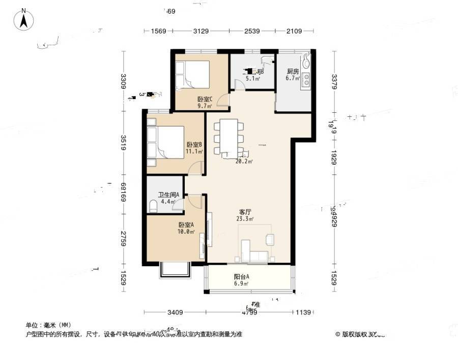 绿洲花园3室1厅2卫150.3㎡户型图