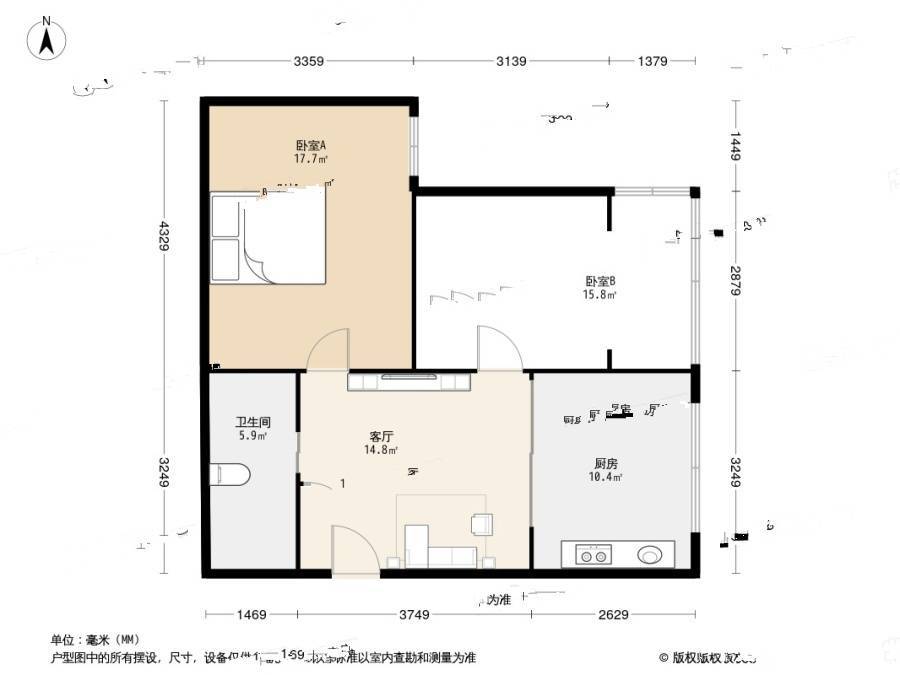 仙林苑2室1厅1卫72.2㎡户型图