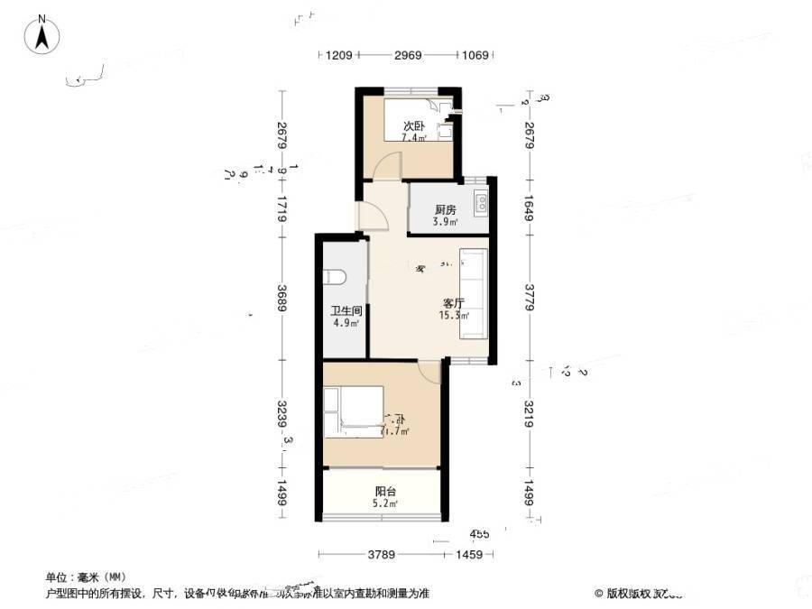 东新园东荷星苑2室1厅1卫60.7㎡户型图