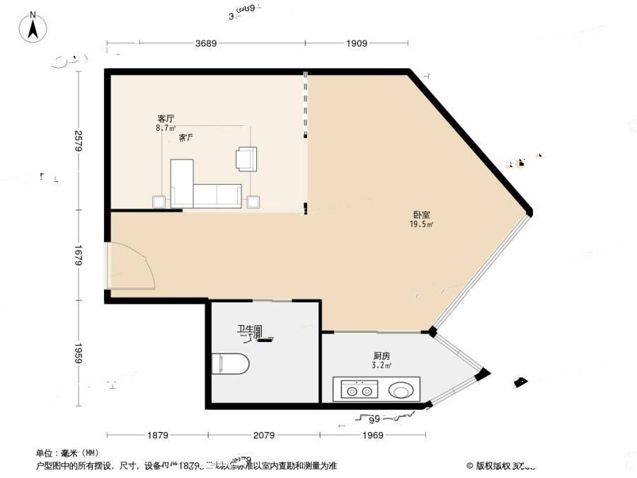 绿洲吉家1室1厅1卫54.9㎡户型图