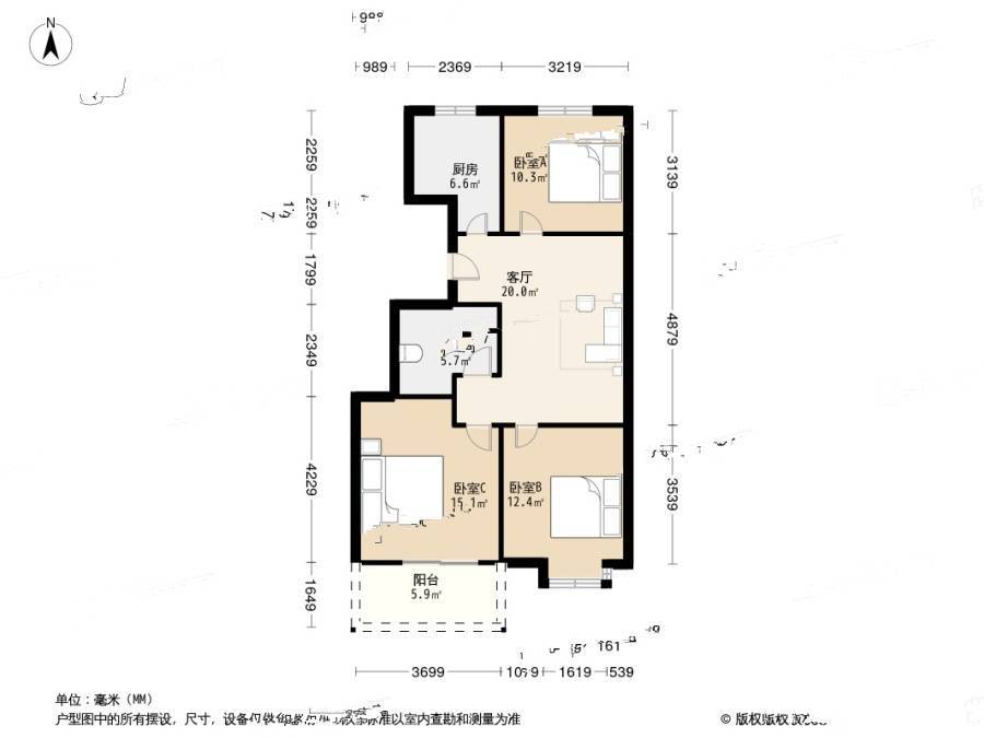 望江家园东园3室1厅1卫99.7㎡户型图