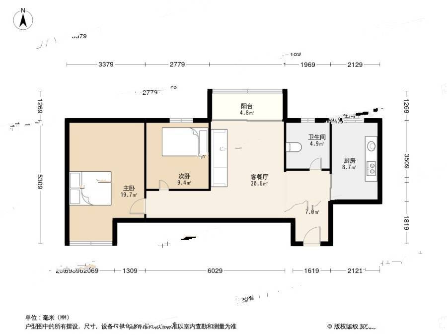 金牛坊2室1厅1卫85㎡户型图